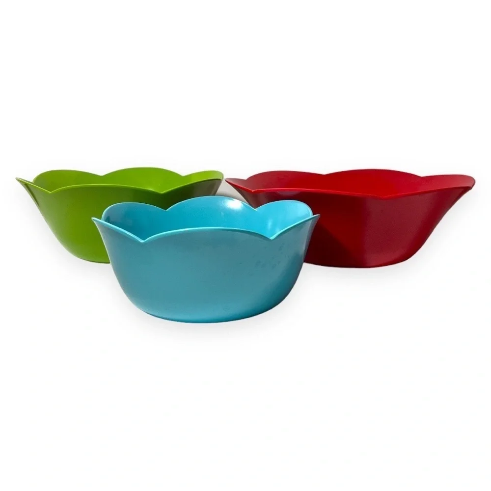 Melamine 3 Pc Serving Bowl Set Blue Red Green Scalloped Edge Party Event Holiday